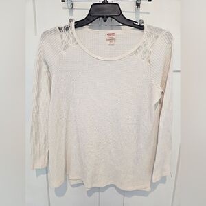 Mossimo Cream Waffle Knit Long Sleeve Top | XL Lace Shoulder Detail